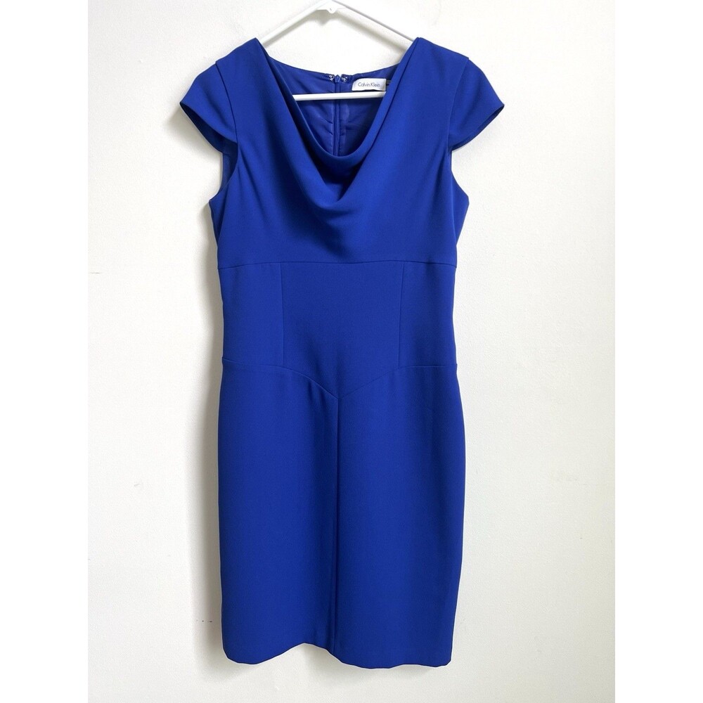 Calvin Klein Royal Blue Knee Length Sheath Dress Sz 6 Zips Cowl Neck Cap Sleeve